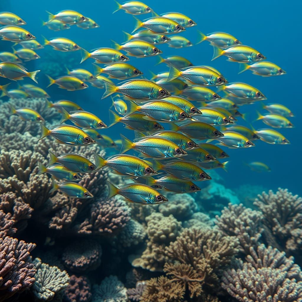underwater. ((a school of small multi-colored little fish)), swimming over a reef composed of coral and ...  by @Khumbu