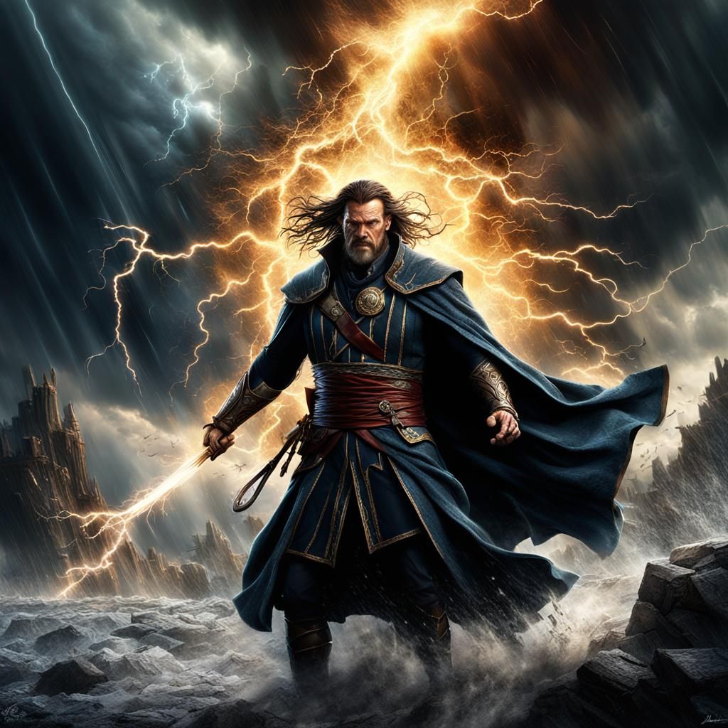 A sorcerer engaged in a fierce battle, surrounded by swirling storm clouds and crackling lightning bolts. ...  by @TopDawg