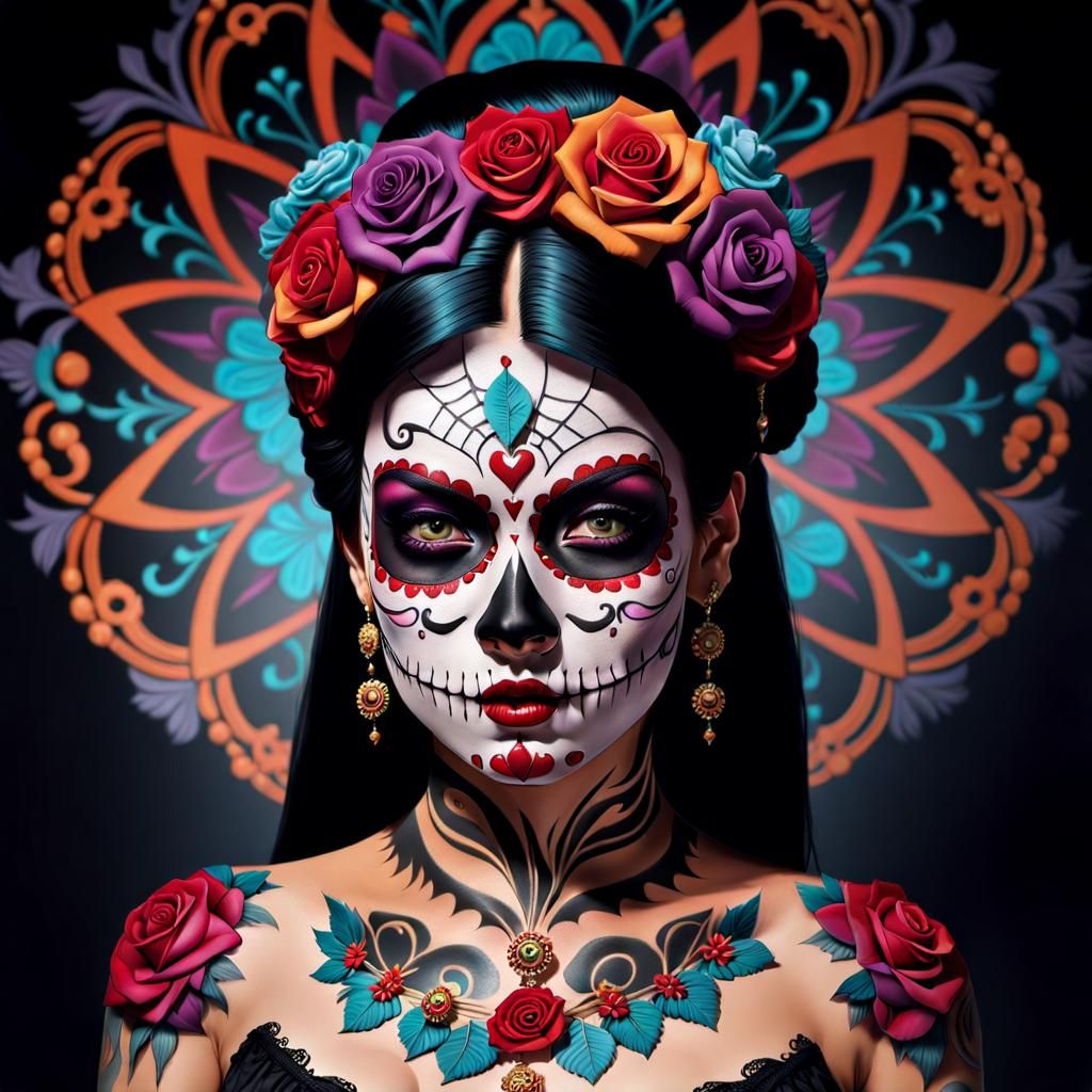 Picture a female character, dressed in traditional Day of the Dead ...