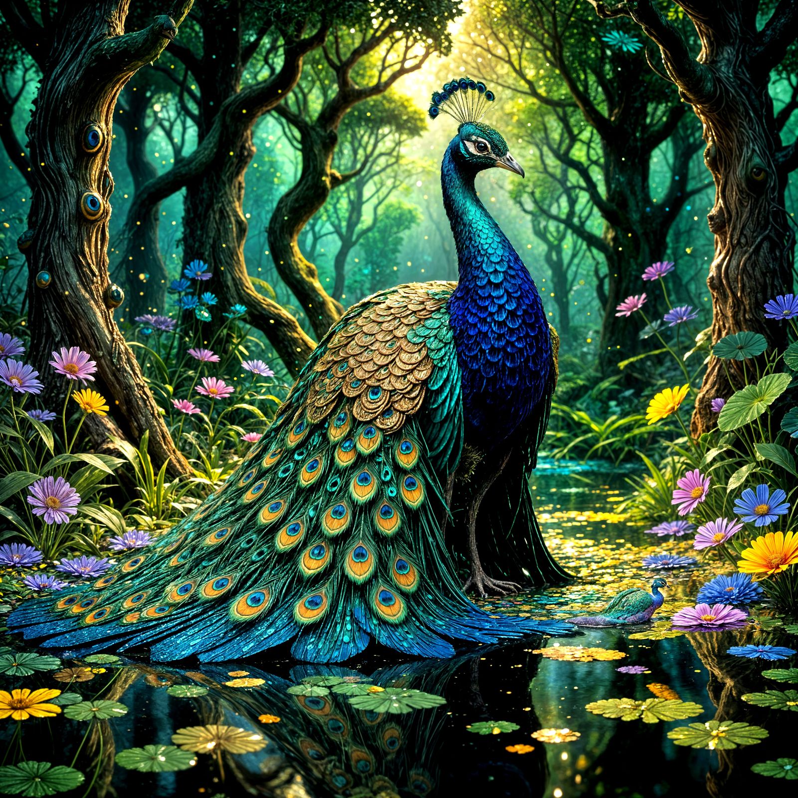 Vibrant Sequin Peacock Shines in Shimmering Forest Reflectio...