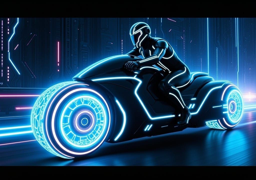 Insanely detailed screen capture from the 2010 movie "Tron: Legacy". By Joseph Kosinski :: Dylan Cole; Character riding lightcycle. 3D motor...