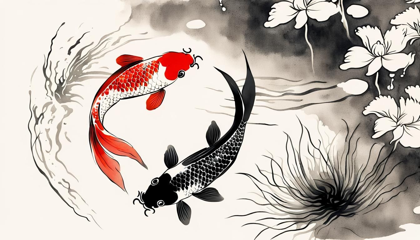 Chinese Ink Painting style, koi fish circling head to tail in a garden ...