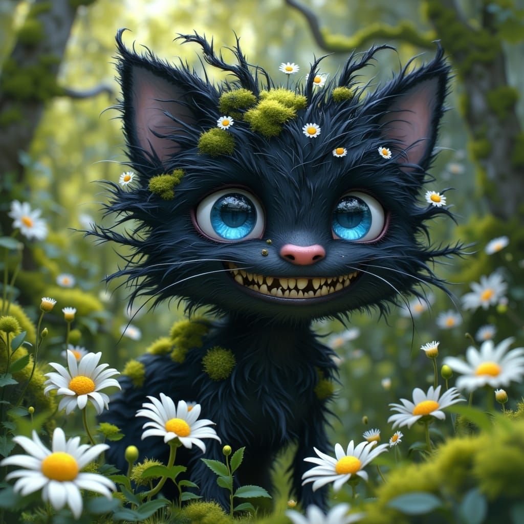  <lora:MJ6 Cuties:1.0> Smiling, blue-eyed black cat monster with sharp teeth and messy hair, covered in mossy daisies and wildflowers, fanta...