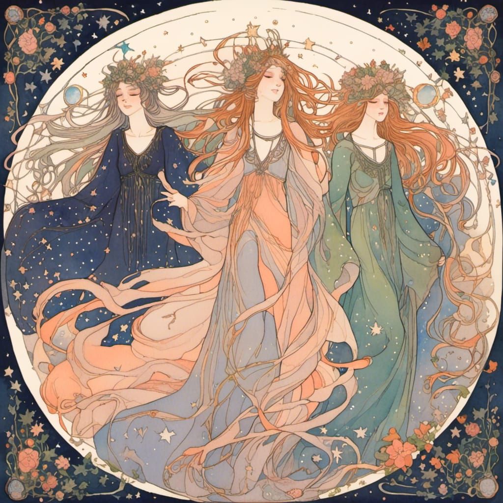 <lora:Glasgow Art Nouveau:1.0>circle_dancing midnight coven :: 6_women wearing Crowns of flowers, long loose hair, joyful faces, bare_feet:...