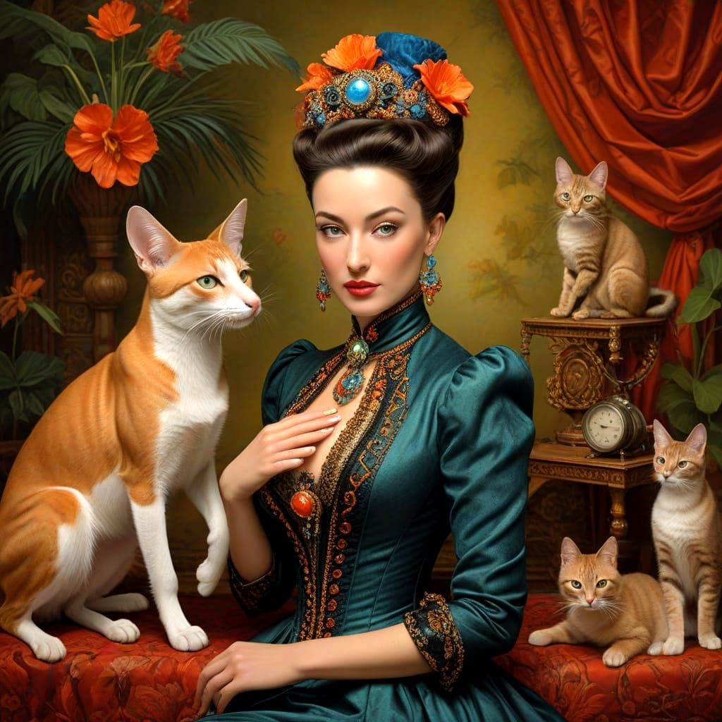 Surrealistic Portrait of a 1820s Lady in Whimsical Surroundi...