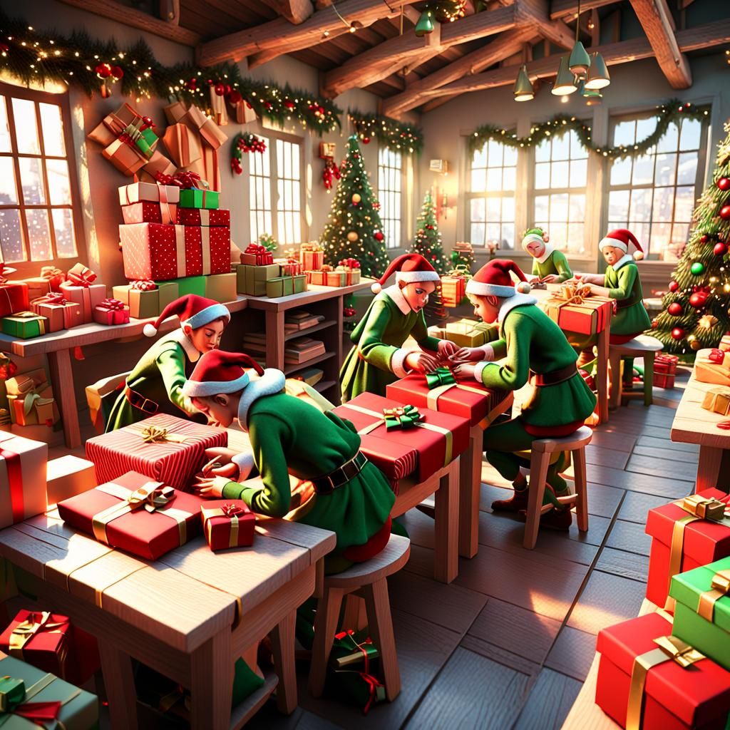 Elves Wrapping Gifts in Chaotic Christmas Workshop