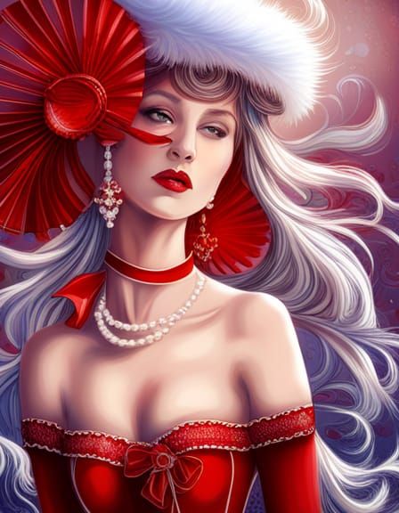 fantasy girl, red and white painted face, big white hat with...