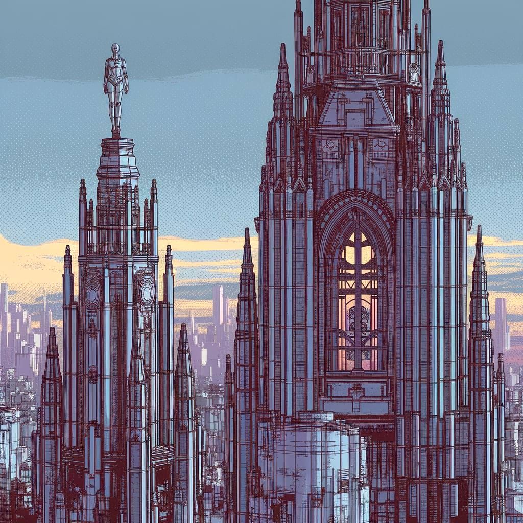 Pointilism style close up of a solitary figure, a female robot, stands on top of  a colossal, ancient clockwork cathedral overlooking a cybe...