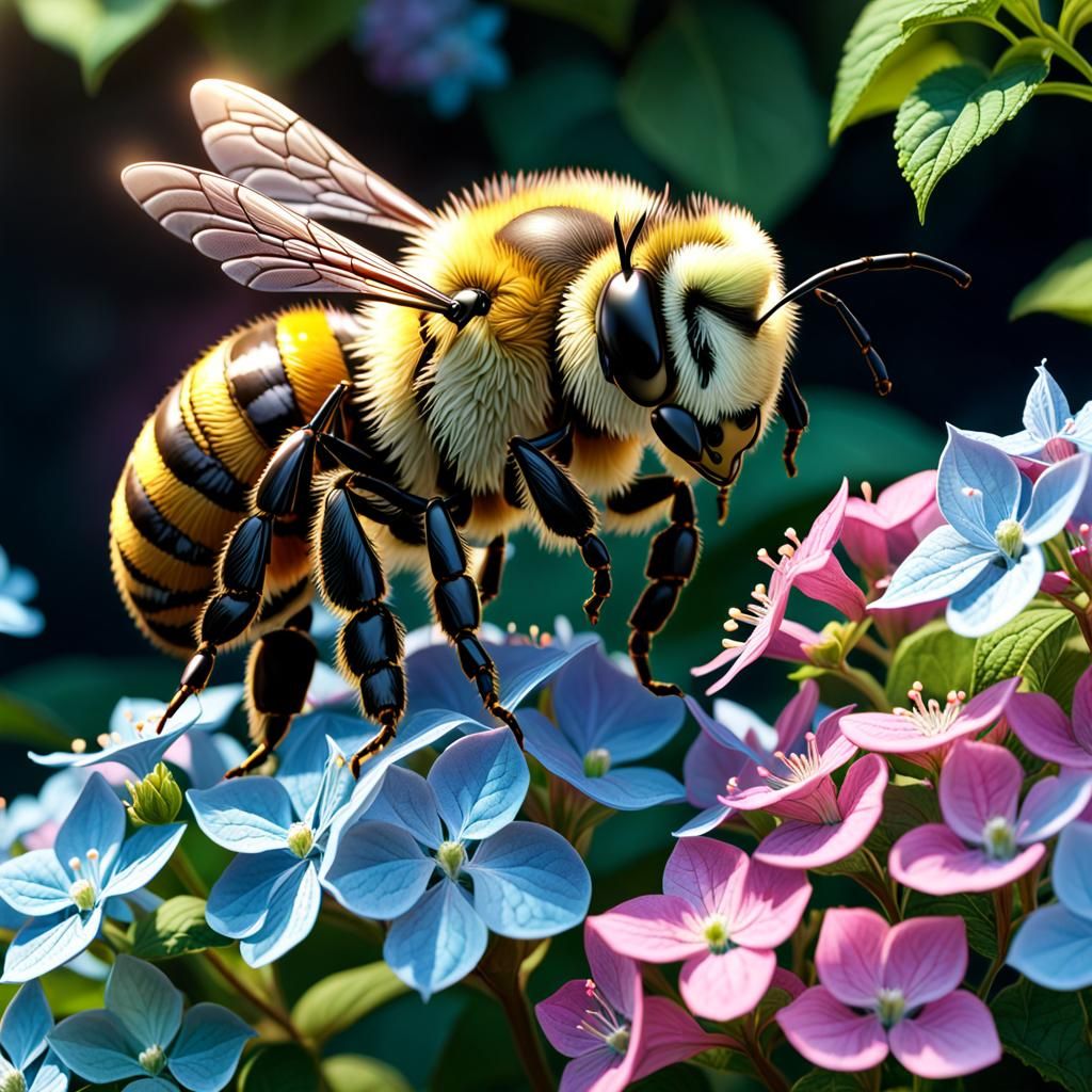 a beautiful (Bee:1.5) pollinating hydrangeas. detailed matte painting, deep color, fantastical, intricate ...  by @Lennis