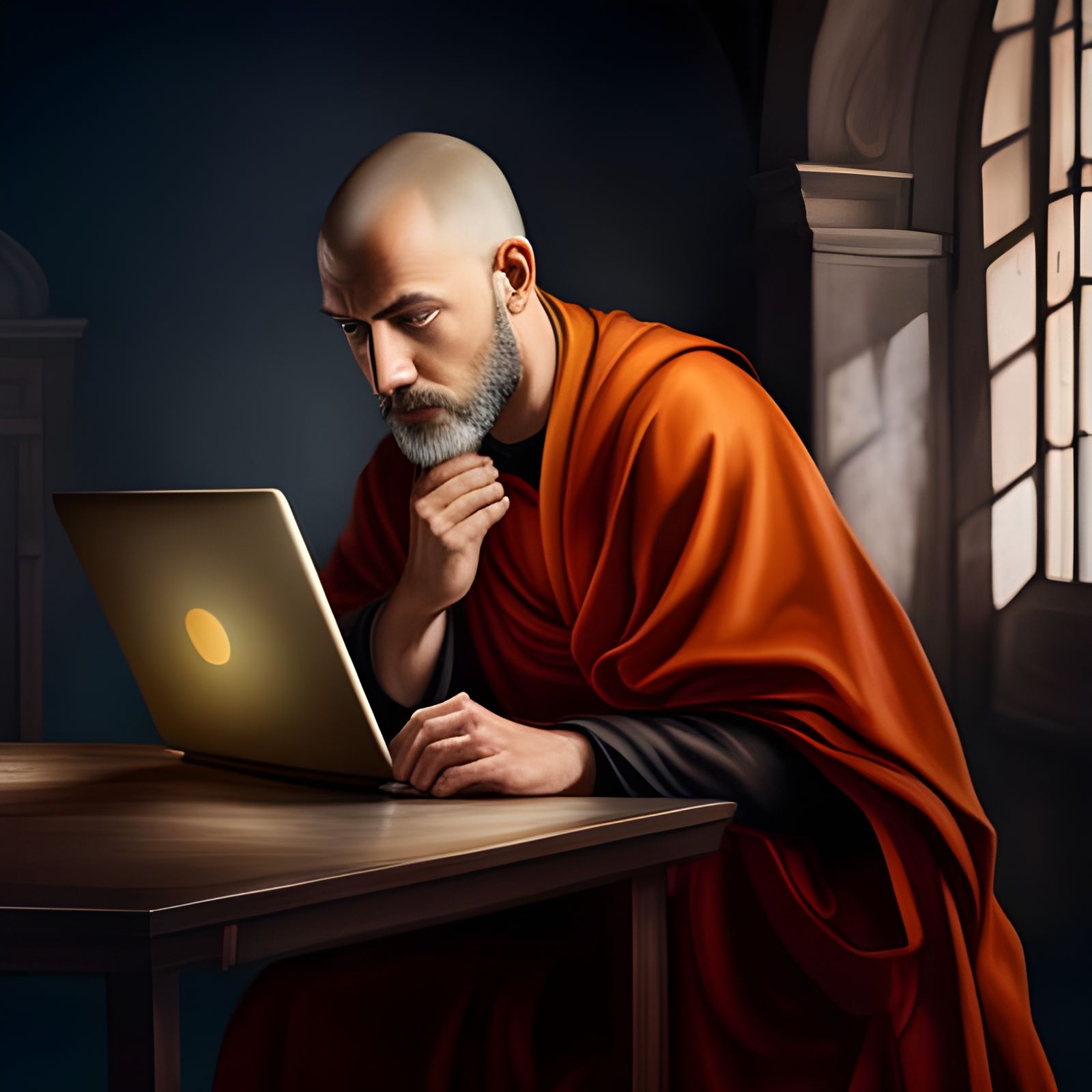 Monk working on his laptop   by @avionesplateados 