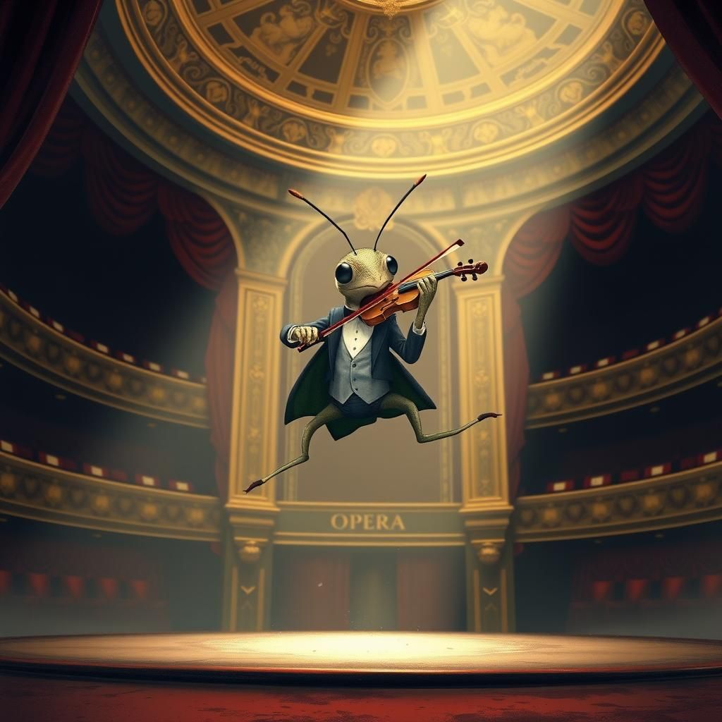 The jump of the cricket with violin, acting in a famous theater. Graceful, elegant   by @Wesly 