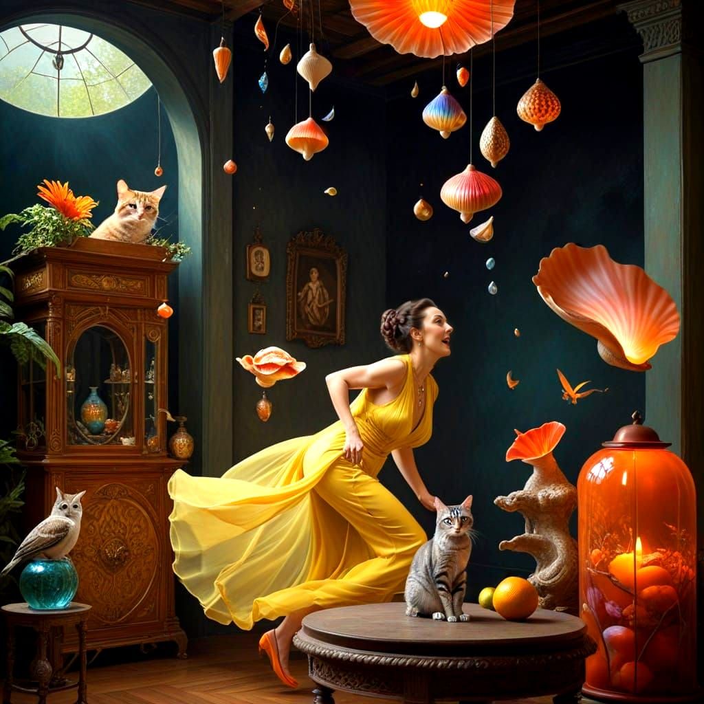 Surreal Hyperrealistic Portrait of a Happy Lady in Motion