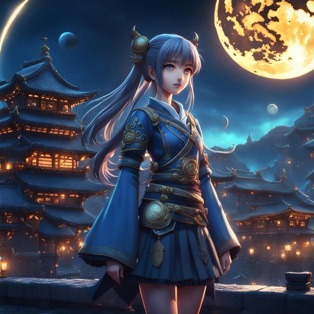 An anime girl with a moon background