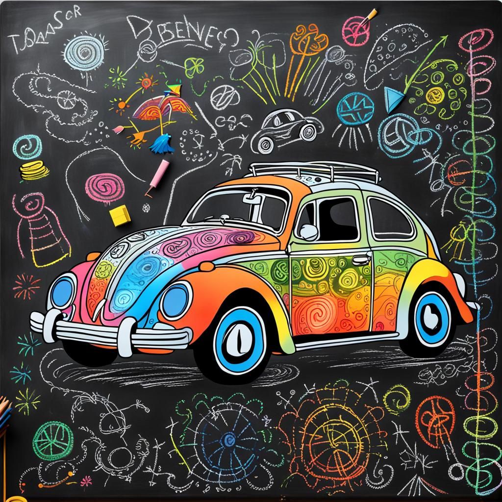 Chalkboard Doodle: VW Beetle and Colorful Trees