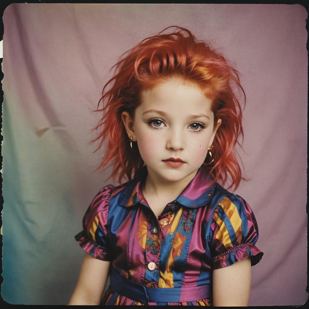 Cyndi Lauper as a child,  colorful sharp focus polaroid