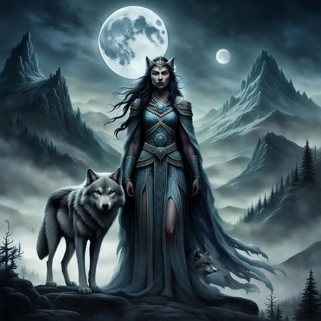 Mystical Moon Goddess with Glowing Wolf in Dark Fantasy
