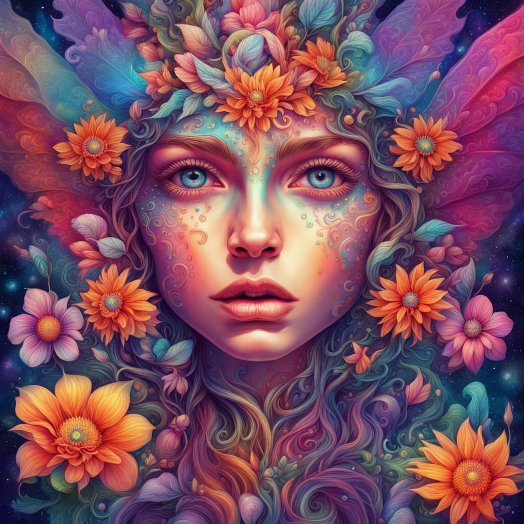 A beautiful fairy face, colourful, funky, strange, eccentric , trippy ...