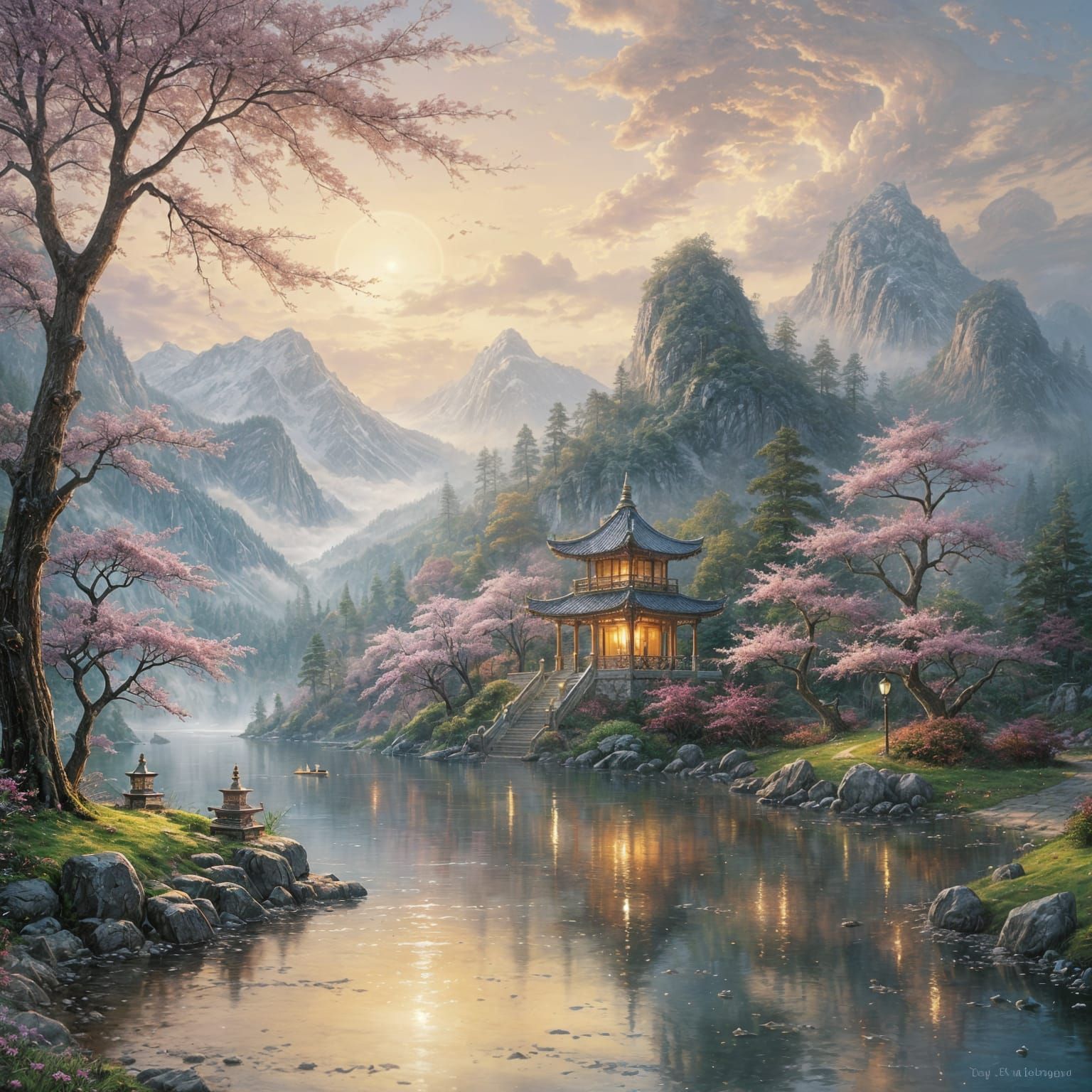 masterpiece serene asian landscape ethereal fantasy hyperdetailed mist Thomas Kinkade   by @Subrosa