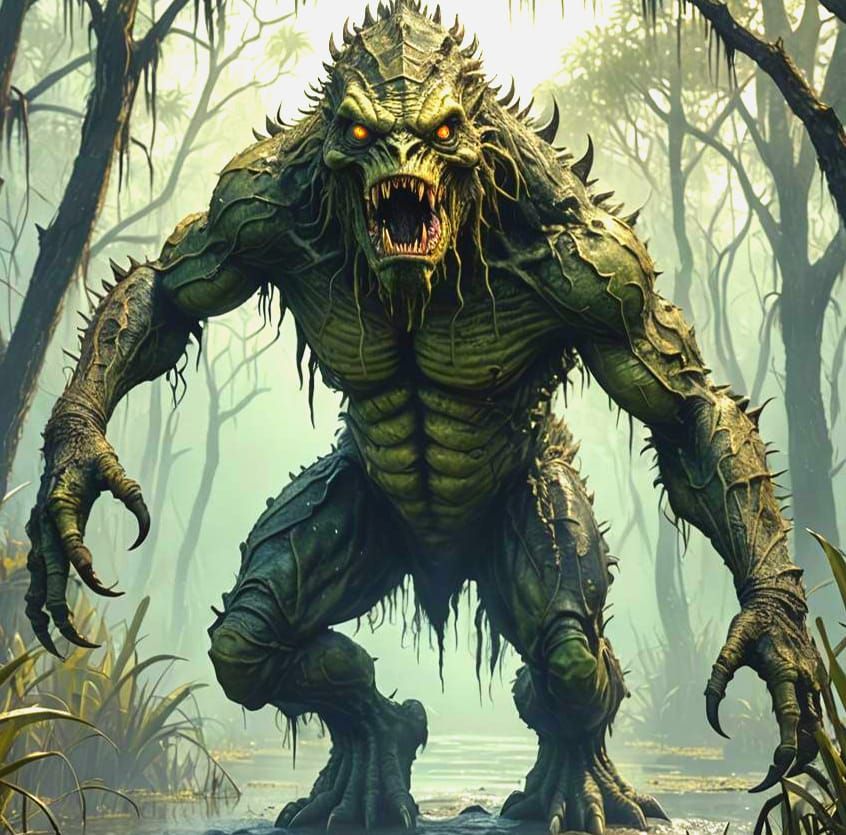 Swamp monster  ,in the everglades,sharp teeth , scaly skin ,...