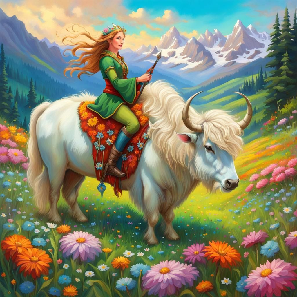 Elf Princess Riding a Yak