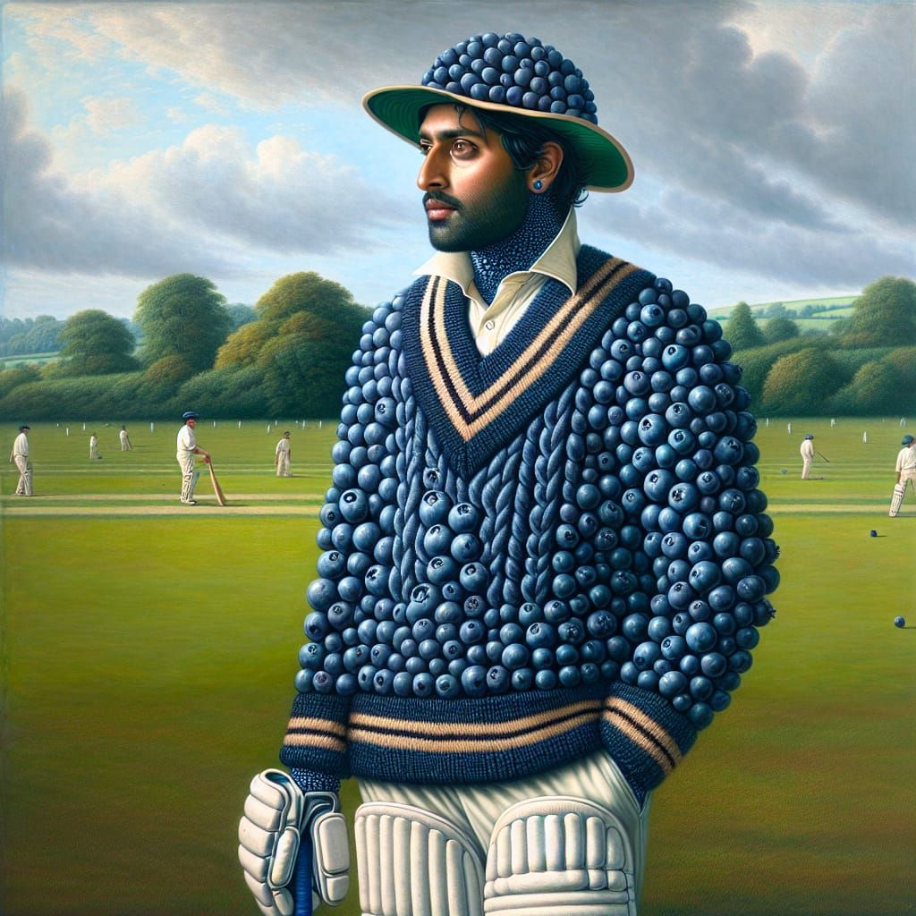 A man wearing a cricket jumper made out of blueberries on a cricket pitch in the painting style of 18th ...  by @HarrietM