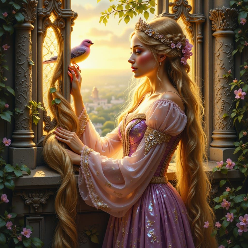 <lora:Opalescent Dreams:1.0> Rapunzel, in an elegant, simple, Renaissance princess dress, leaning out of the window of her tower, speaking t...