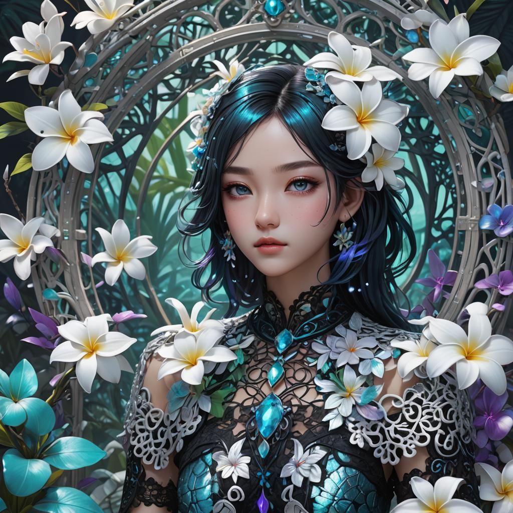 Iridescent white Filigree jungle portal blue teal black purp...