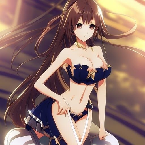 long brown hair girl legs big chest bikini heels