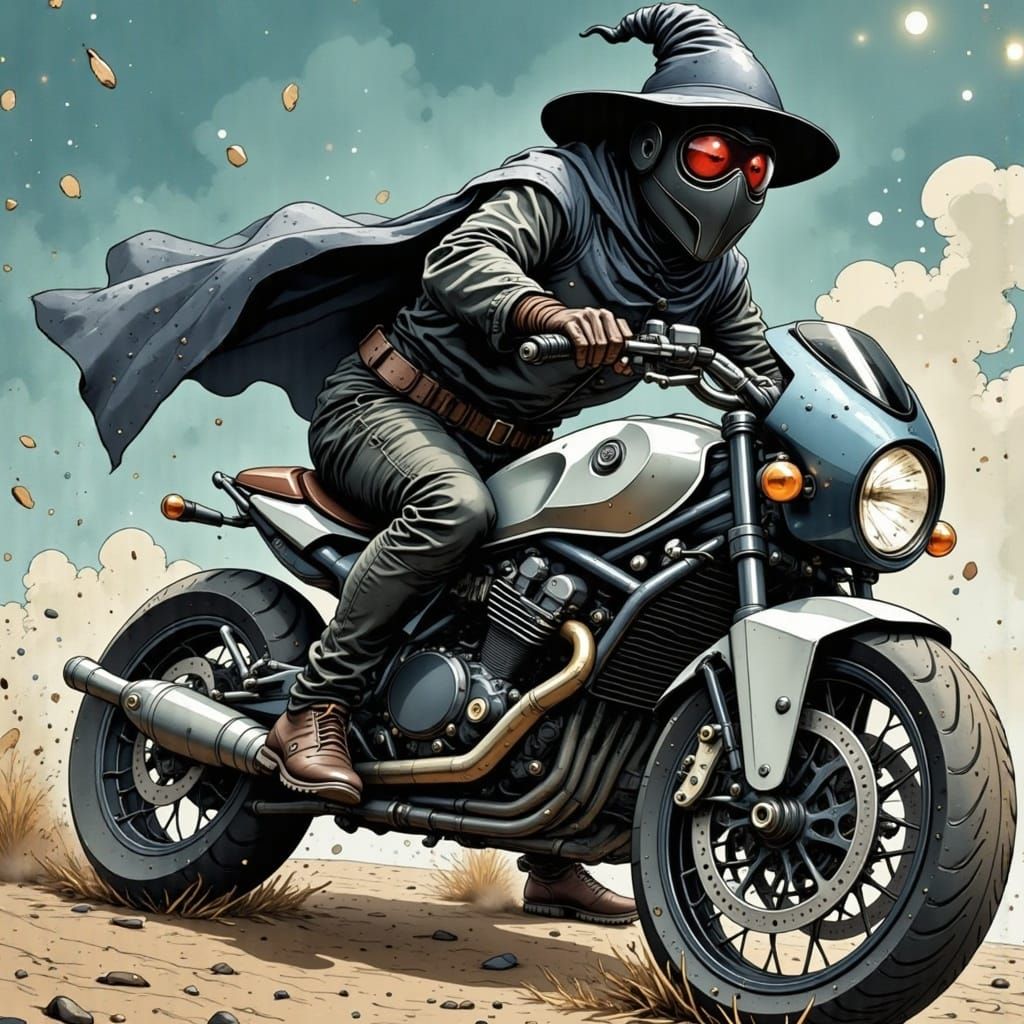 A wizard riding a futuristic motorcycle. <lora:Sips of Wisdom:1.0> 