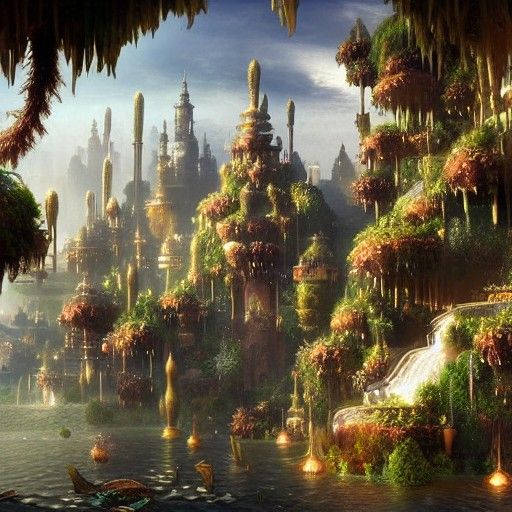 fantasy city of floating islands with hanging gardens in the...