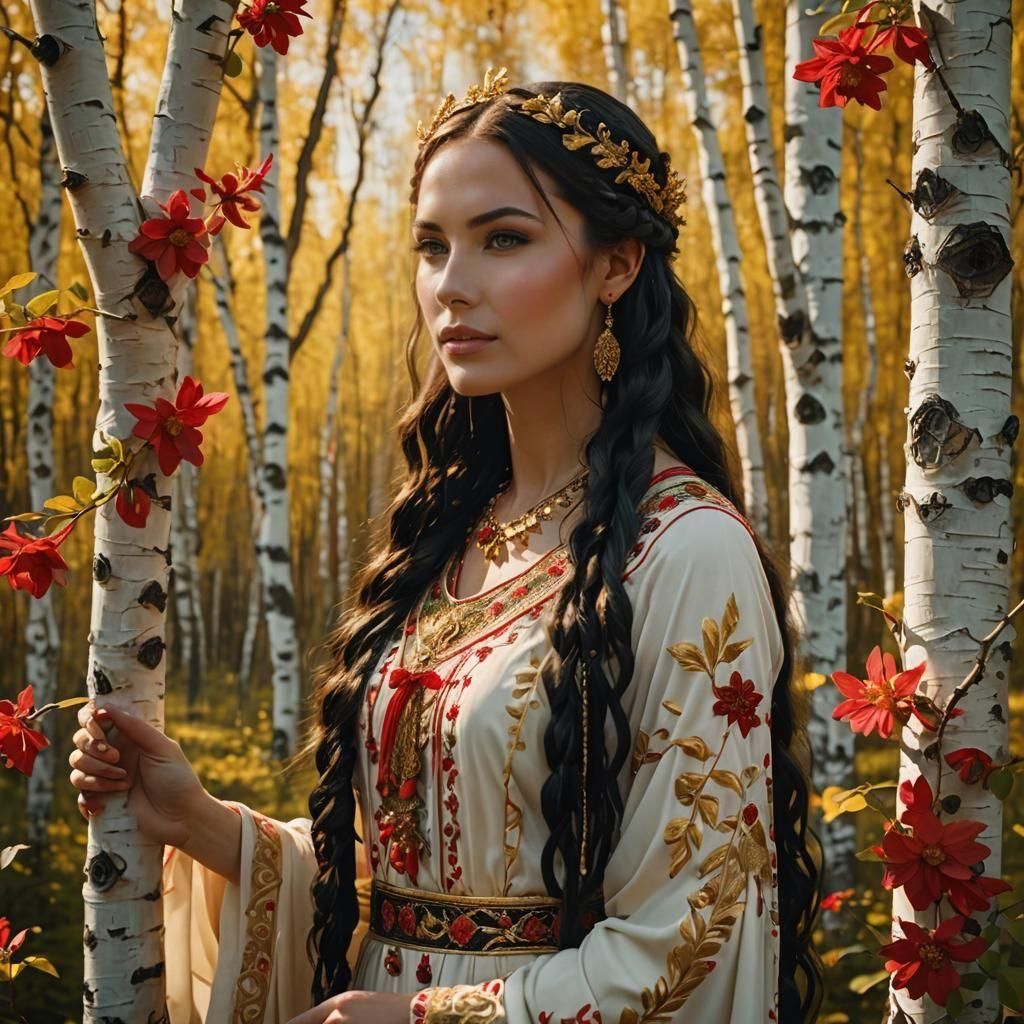 Beautiful girl with very long dark braids and Ivory skin, dressed in a golden sarafan. Red flowers, day, birch forest.