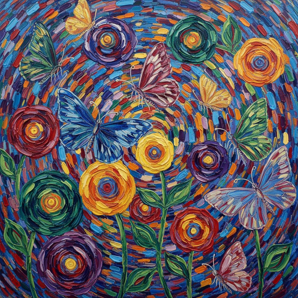 Butterflies and Flowers in Neo-Impressionist Style