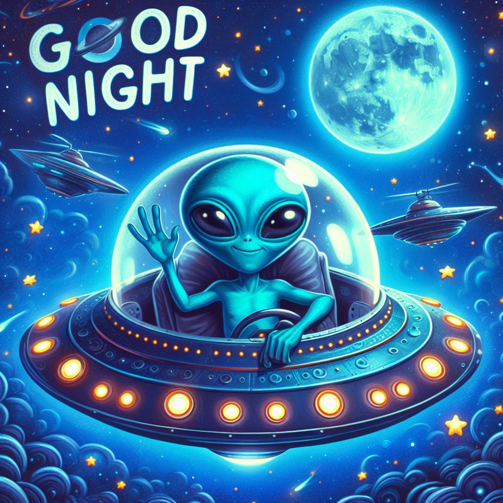 benevolent blue skinned aliens on UFO say you "Good night". Starry night.
