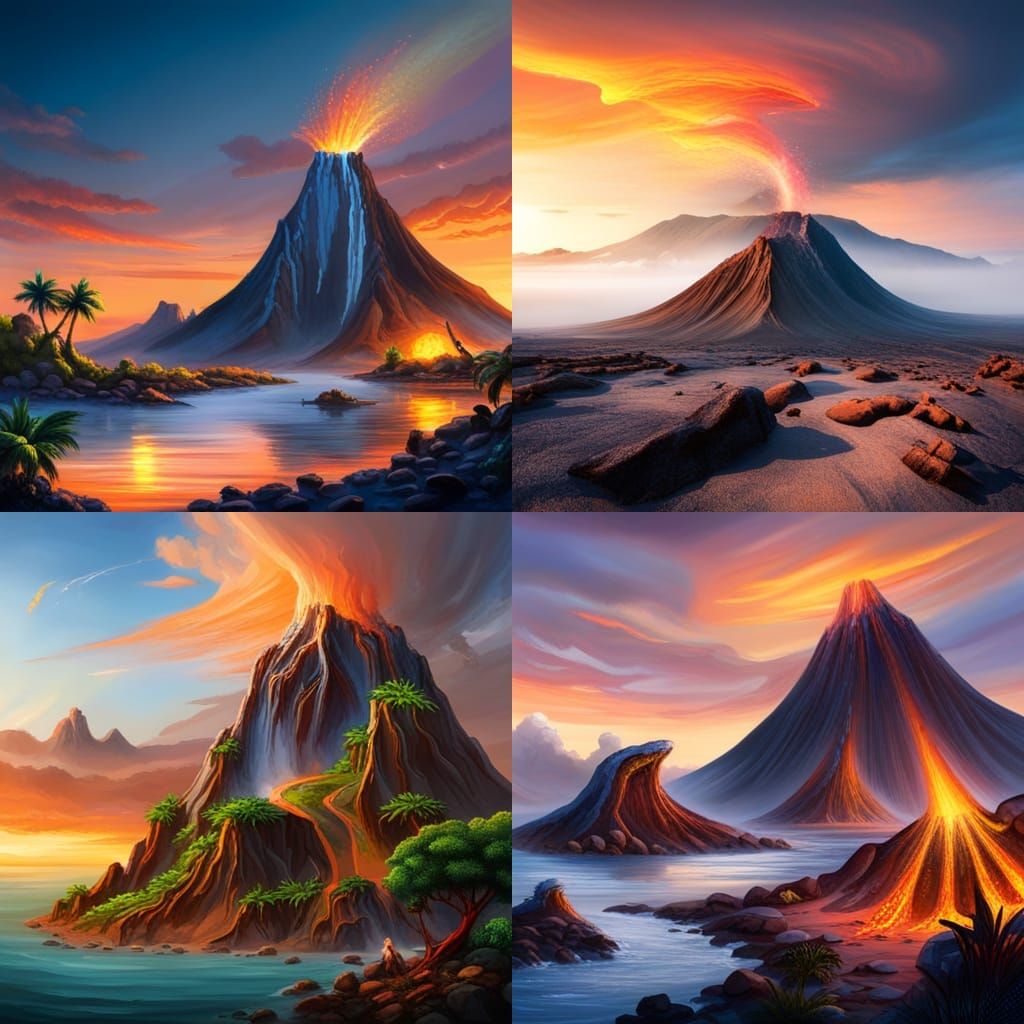 Volcano with small dinosaurs