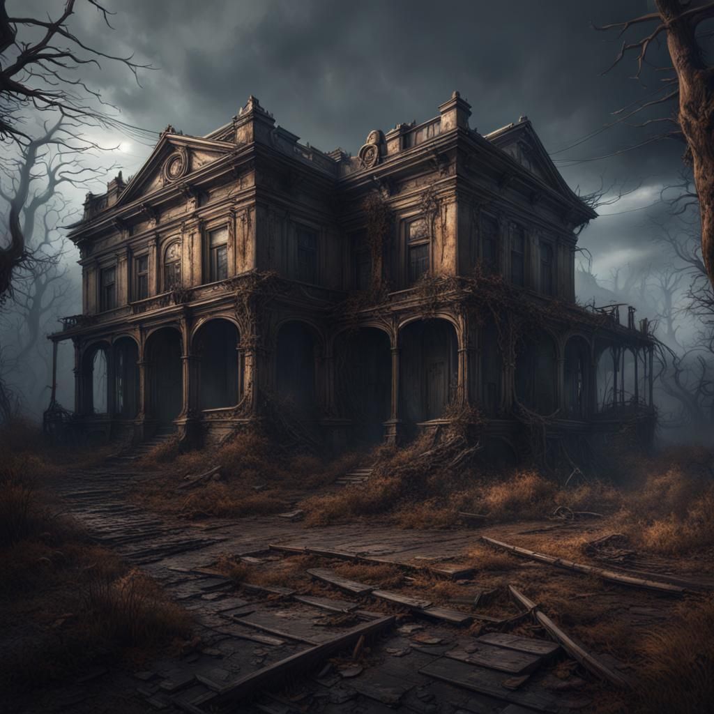 Dark and atmospheric illustrations of abandoned buildings, haunted landscapes, or desolate spaces detailed ...  by @Papilou