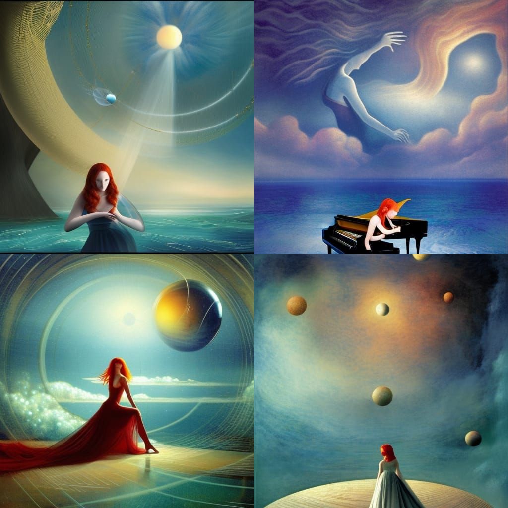 Redhead woman plays the piano in a ocean tempest with inters...