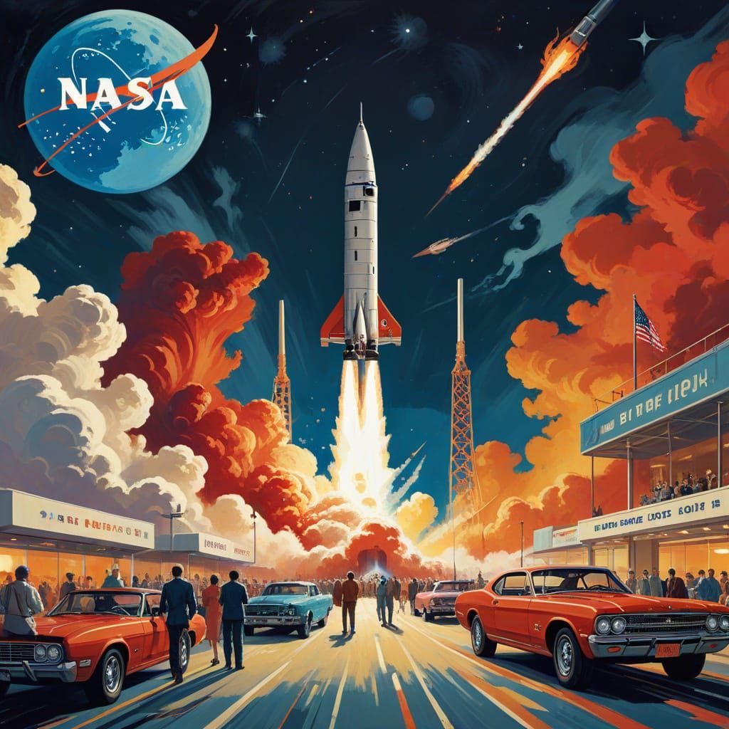 Vintage NASA Rocket Launch Poster in Retro Style - AI Art