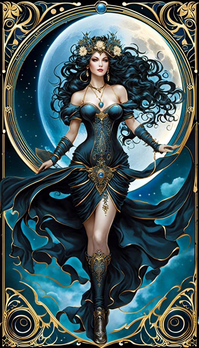 Dark Fantasy Moon Tarot Card in Art Nouveau Style