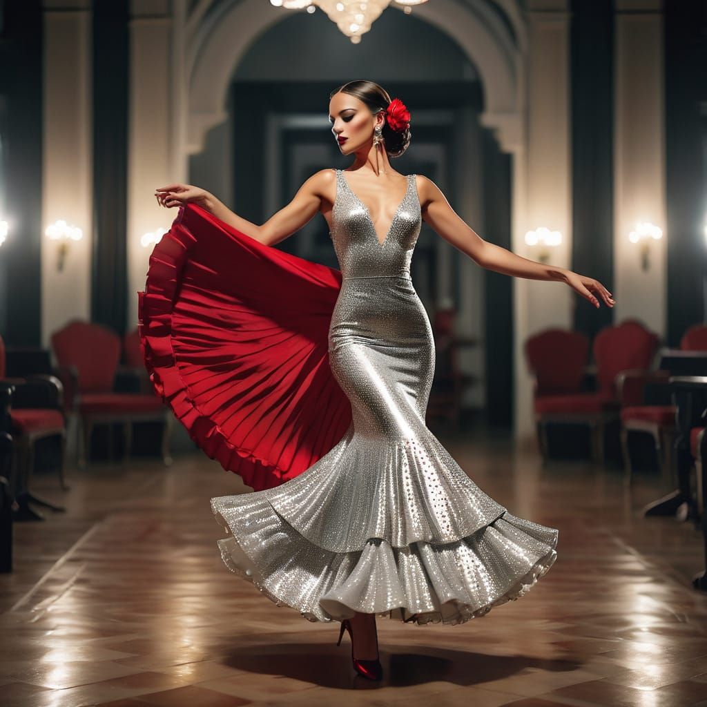 an attractive flamenco dancer wearing a beautiful silver dress and sparkly red pumps
