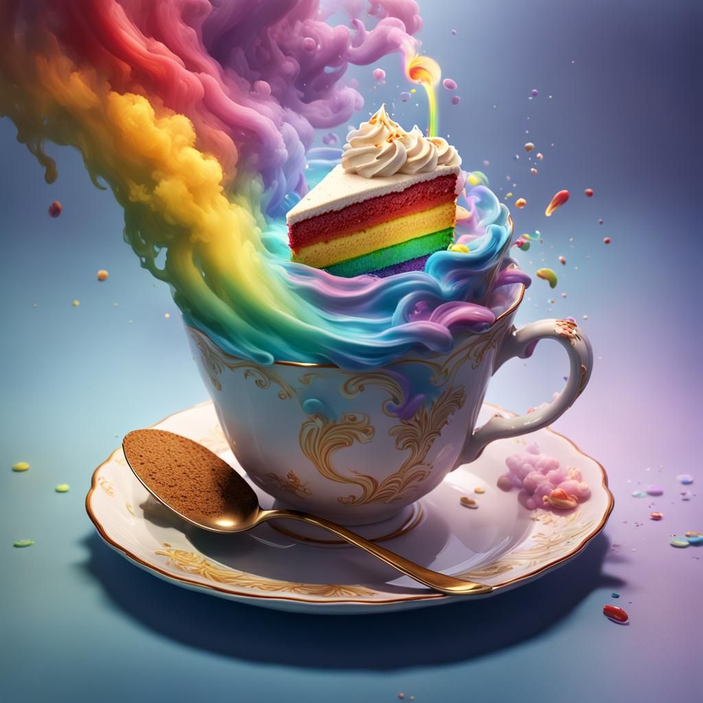 A tornado inside of a teacup and a cake made of a rainbow