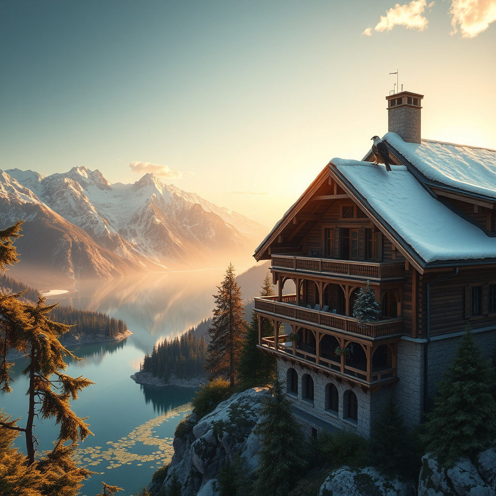 בית בפסגת ההר בהרי האלפים היפים מול נוף מדהים שמשקף את היופי...