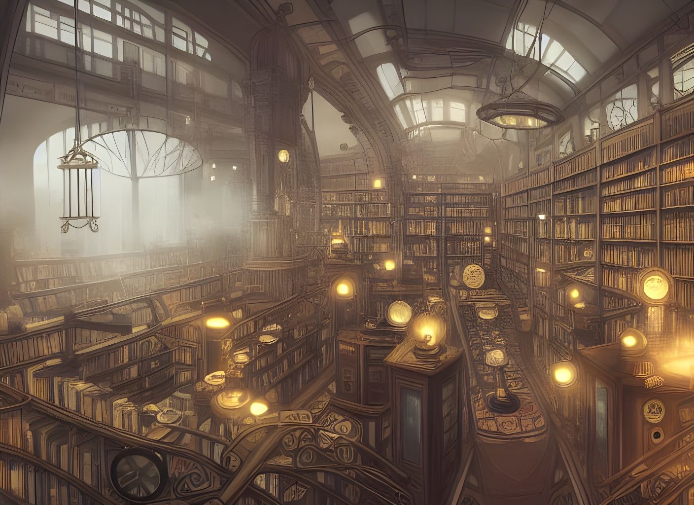 Steampunk library - steam and misty - AI Generated Artwork - NightCafe