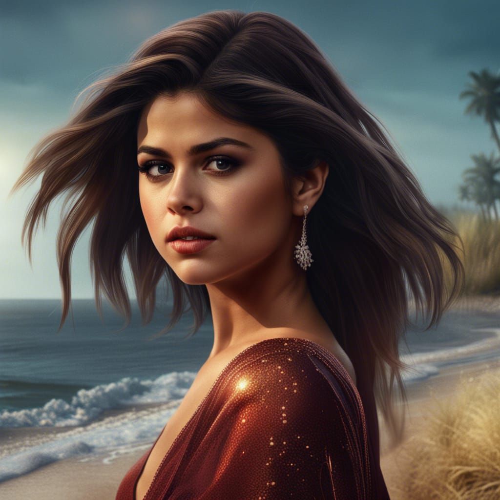 Detailed photorealistic portrait of Selena Gomez on the beach - AI ...