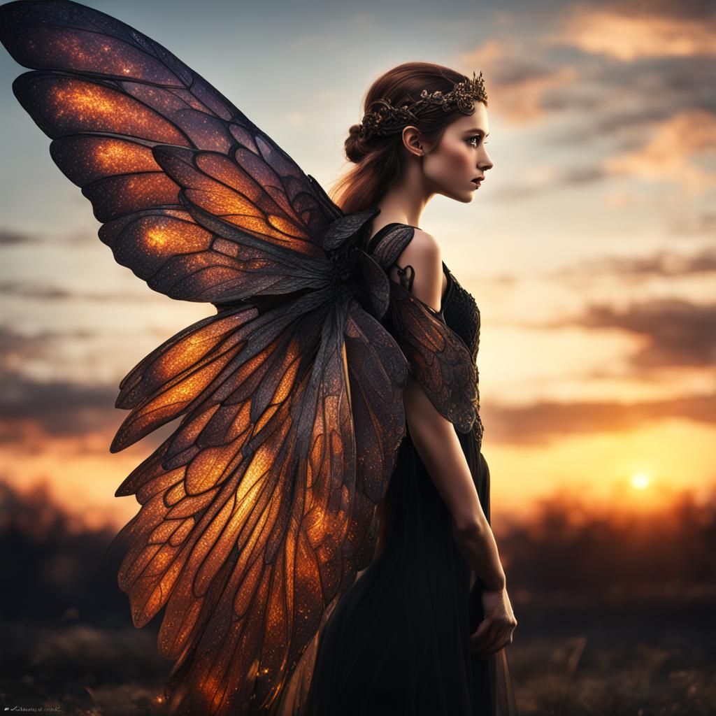 A fairy with sunset colored wings and black dress