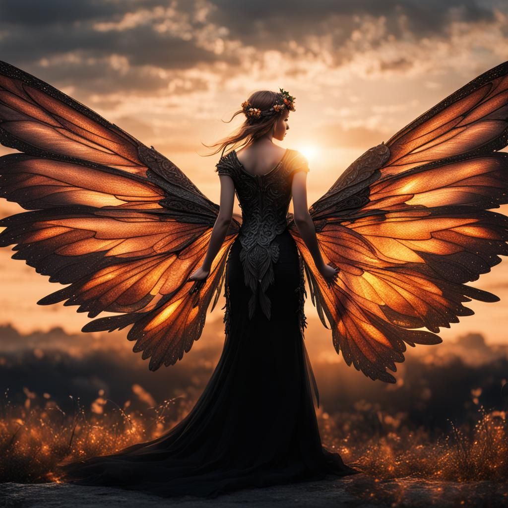 A fairy with sunset colored wings and black dress