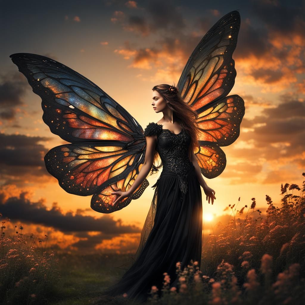 A fairy with sunset colored wings and black dress