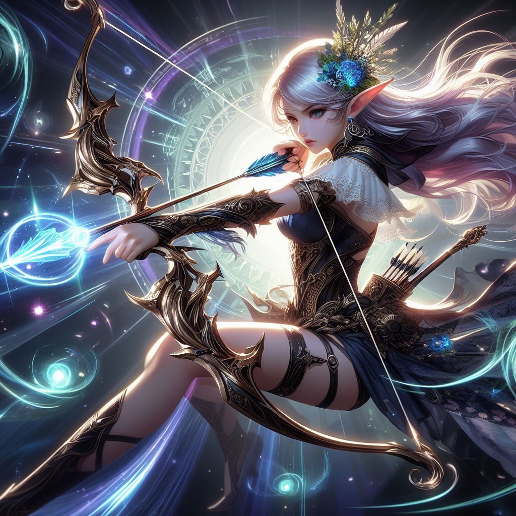 Female elf in action of shooting an elegant magical bow