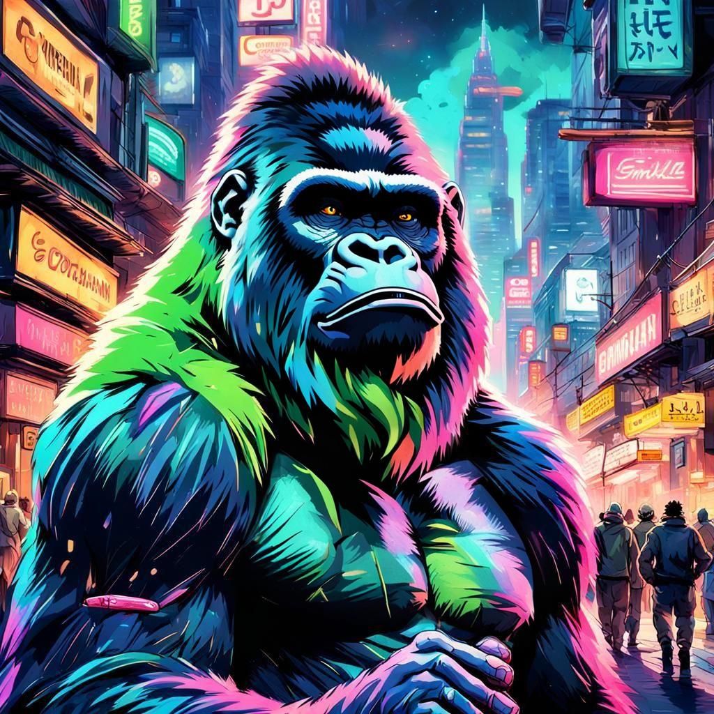 Green Gorilla Smokes Cigar in Coruscant, Anime Style