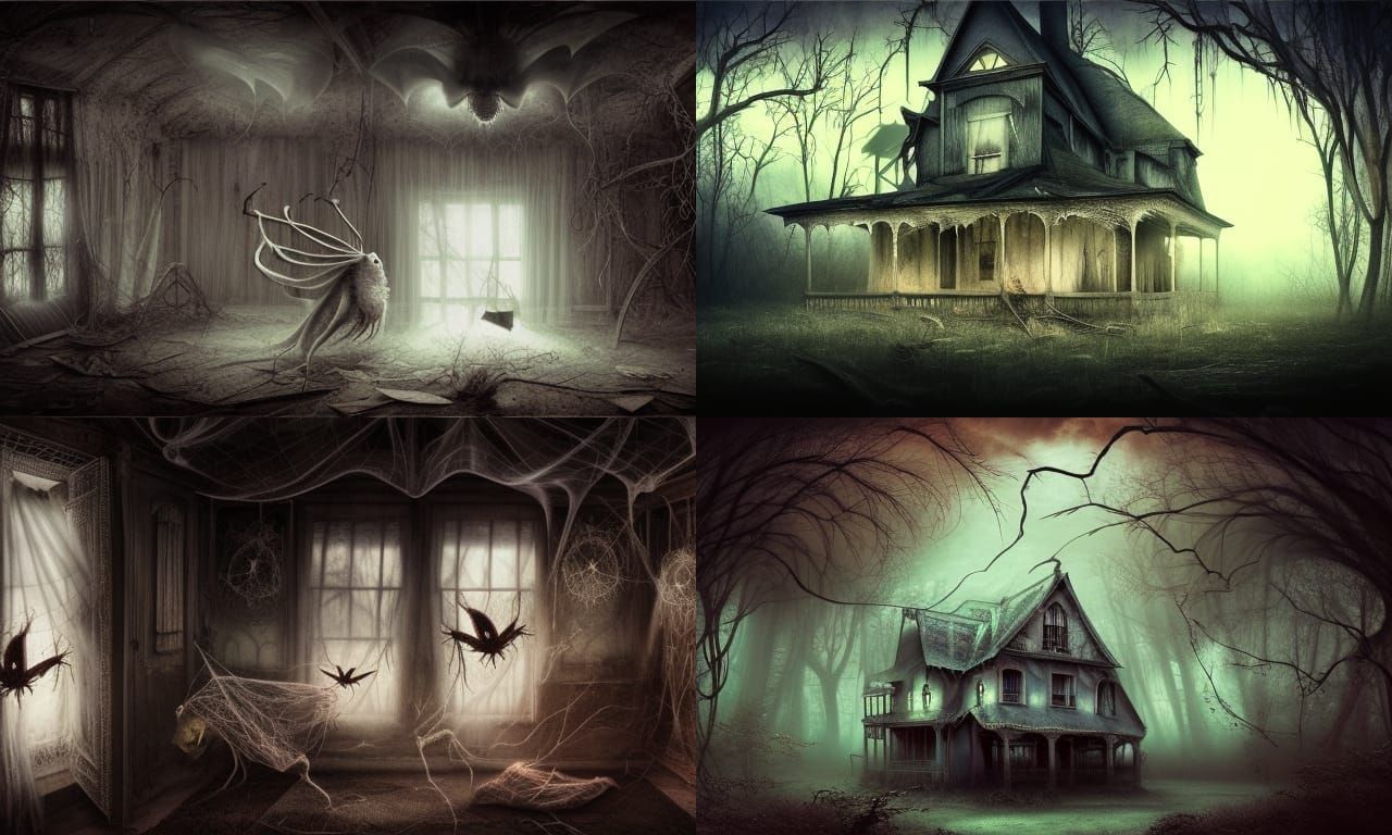 a spooky and haunted location, abandoned house attic, maxima...