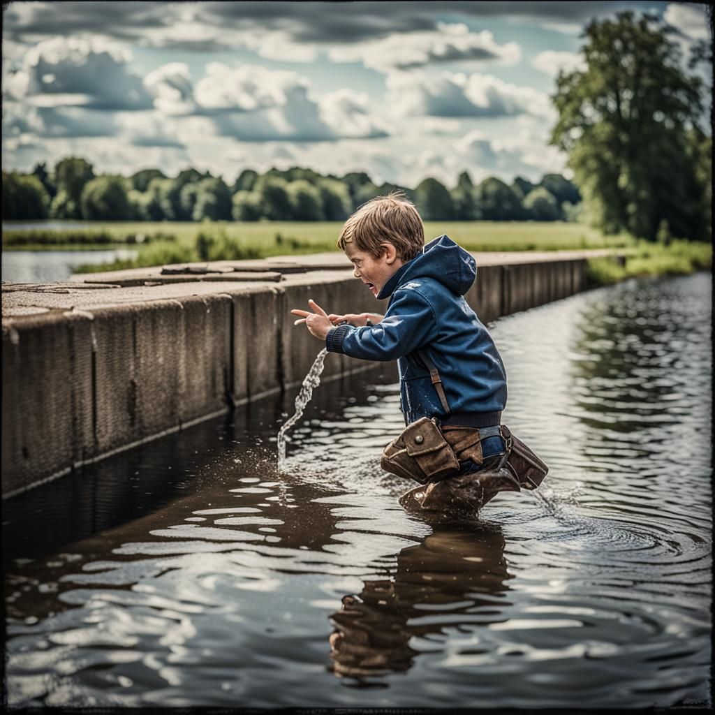 A little  dutch boy about to stick his finger in a small wat...